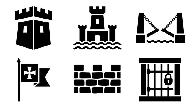 Collection of black silhouette icons representing medieval architecture including fortress tower moat drawbridge heraldic flag stone wall and prison cell with metal padlock