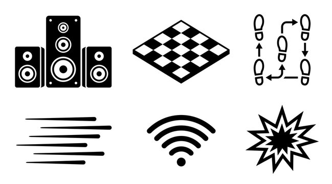 Collection of black graphic icons including sound system speakers checkered dance floor choreography steps motion lines wireless internet signal comic style explosion starburst