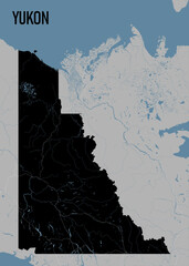 Map of Yukon, Canada, with the territory's interior rendered in solid black. The black area is overlaid with thin, light blue lines representing rivers and waterways.
