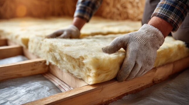 Professional construction worker installing glass wool thermal insulation in attic floor