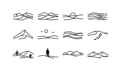 Desert Line Icons. Dune landscape. Line icon set of Dune landscape: sweeping dunes, layered sand hills, sunset horizon, wind-carved patterns, dune peak,