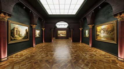 3d interior of old museum art gallery. Artworks in a bright, spacious gallery. 3d illustration. © Nikolay E