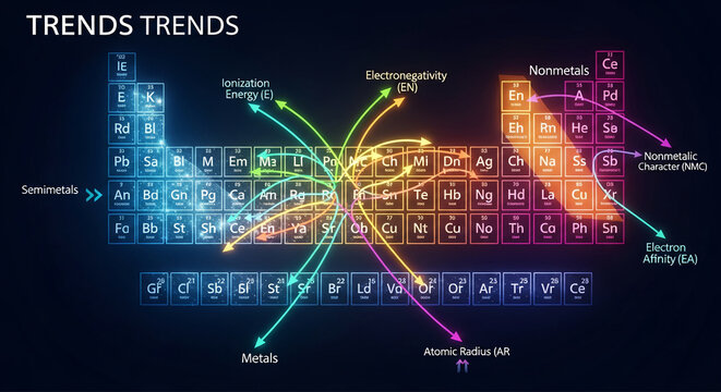 Periodic table with colorful arrows indicating trends in element properties, like electronegativity, atomic radius, and ionization energy, informative