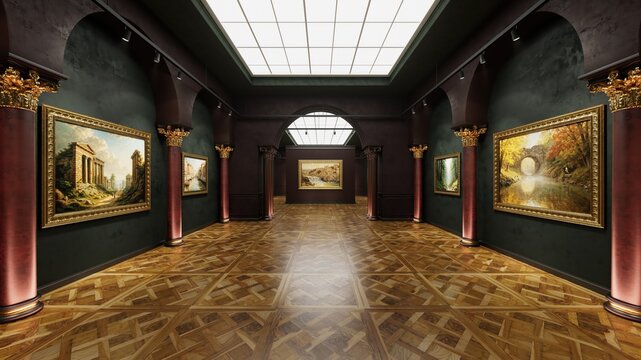 3d interior of old museum art gallery. Artworks in a bright, spacious gallery. 3d illustration.