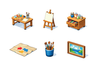 Isometric Artist Workspace. Artist Workspace. Isometric flat vector icons set of Artist Workspace: worktable with palette and paints, standing easel, drawer