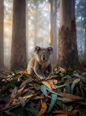 A koala eats eucalyptus leaves while watching the camera take its picture in the forest