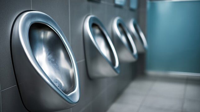 Modern stainless steel urinals in a row inside a clean public restroom with blue lighting