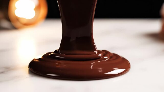 This image shows thick chocolate sauce pooling on a surface. The rich chocolate sauce glistens under the light, emphasizing its smooth texture.
