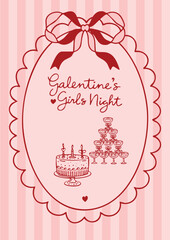 Sweet Galentine's Day Doodle Card with Ornate Oval Frame and Treats