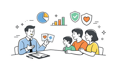 Naklejka na ściany i meble Family Insurance Consultation. Discussing insurance plans for the family consultation. A friendly meeting scene with an insurance advisor explaining plan cards