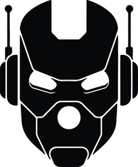 Silhouette futuristic robotic helmet with antennae and circular eye lens illustration vector