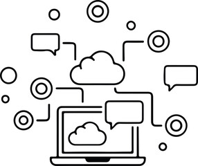 Silhouette laptop connecting to cloud with speech bubbles and circles illustration vector