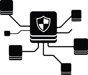 Silhouette network hub with shield symbol and connected nodes illustration vector