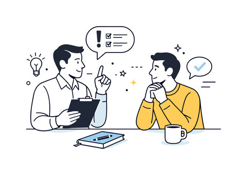 Constructive Feedback Illustration. Manager and employee feedback. Manager giving constructive feedback while employee listens attentively,
