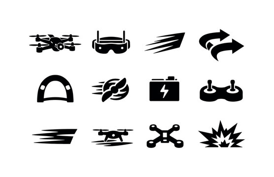 FPV Drone Icons. FPV Drone. Solid icon set of FPV Drone: racing drone, fpv goggles, speed trail, sharp turn arrows, obstacle gate, fast propellers, power