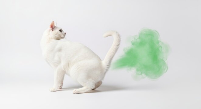 cat farting a green cloud, gross flatulence photo, on a white background, funny animal gas