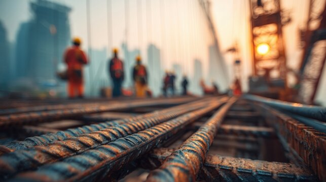 Close up of rusted steel rebar on a construction site at sunset with blurred workers