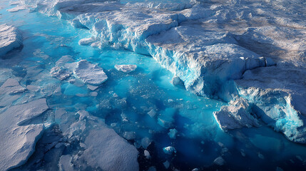Stunning aerial view of an arctic landscape with bright blue glacial meltwater surrounded by massive ice formations.