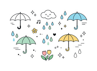 Fototapeta premium Spring Umbrella Icons. Spring rain and umbrella icons. Simple umbrellas and raindrops arranged as clean icons, creating a calm and fresh spring atmosphere. The