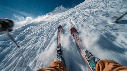 First-person perspective of skiing down a steep, powder-covered mountain, kicking up snow, with a clear blue sky.