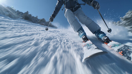 Dynamic point-of-view shot of skiing down a snowy mountain slope, spraying snow, with trees in the background.
