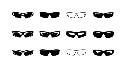 Sunglasses Icon Set. Sunglasses. Icon set. Set Logo of Sunglasses: sporty wraparound shades. harmonious logo variations of the same emblematic concept, each