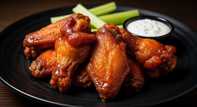 A tempting plate of crispy, glazed buffalo chicken wings with cool celery sticks and creamy ranch dipping sauce.