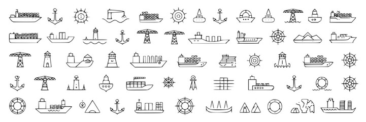 Naklejka premium Maritime ships and boats icons set with minimal line art, varied types, navigational features, and industry use for marine transportation and port operations.