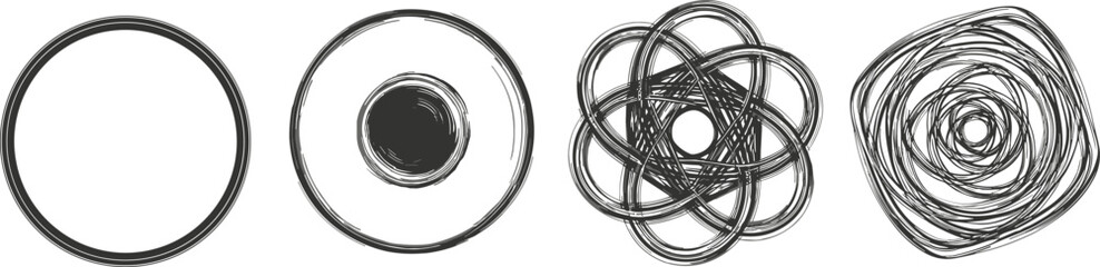 Hand-drawn circular abstract vector elements, evolving complexity, minimal to chaotic style, modern design, artistic pattern, creative concept