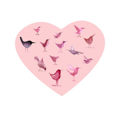 sticker with pink flying birds on heart, love valentine background