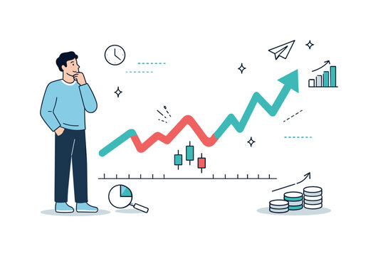 Market Trends Illustration. Stock market trends illustration. Character standing beside a large upward or downward graph line, expressing growth, fluctuation,