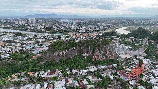 Aerial View of Marble Mountains Ngu Hanh Son Limestone Karst Peaks and Ocean Coastline in Da Nang Vietnam