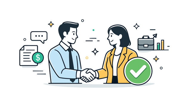 Successful Sales Agreement. Sales discussion agreement. Handshake or approval gesture with a checkmark icon nearby. Positive outcome and successful deal.