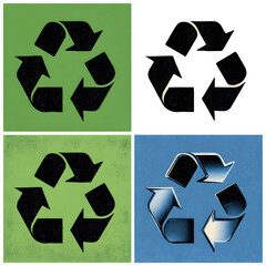 Obraz premium Recycling symbol icons set on green and blue textured backgrounds minimal design