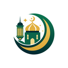 Elegant green and gold mosque logo with domes, crescent moon, and decorative symmetrical shapes, modern Islamic emblem