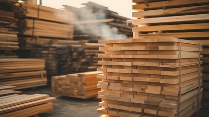 Obraz premium Stacks of wooden planks in storage yard
