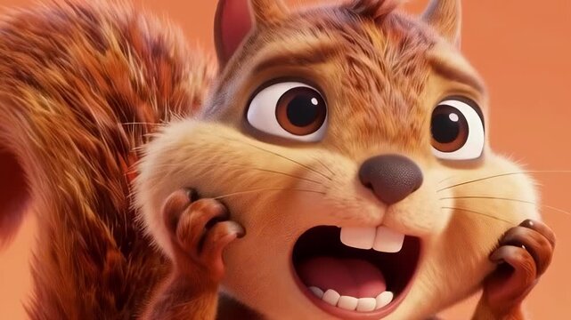 Shocked 3D animated squirrel with mouth open and paws on cheeks