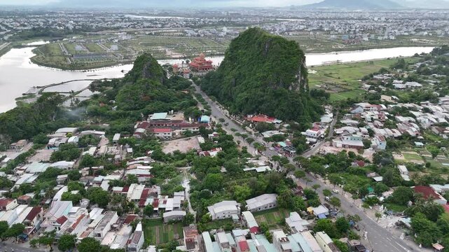 Aerial View of Marble Mountains Ngu Hanh Son Limestone Karst Peaks and Ocean Coastline in Da Nang Vietnam
