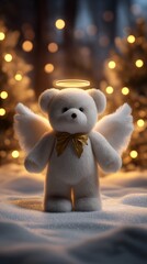 Naklejka premium A plush angel with white wings and golden halo standing in snow as a cute festive toy