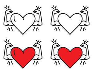 Strong heart icon set in line and solid color styles, isolated on transparent background. Symbols for cardiovascular health, fitness, active lifestyle, wellness, medical care design projects.