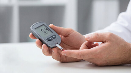 male hands holding glucometer with test strip. checking blood sugar level. result 5.4 mmol/l. diabetes management concept. healthcare, medical publication. banner with copy space.