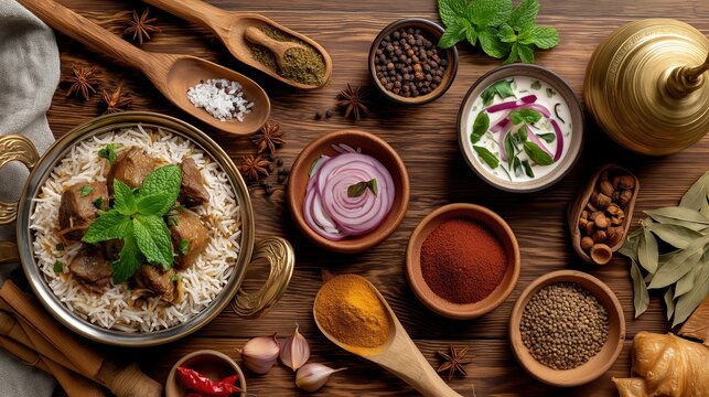 Top view of traditional mutton biryani with aromatic spices. Indian food flat lay on wooden table. Authentic culinary ingredients and spices for cooking