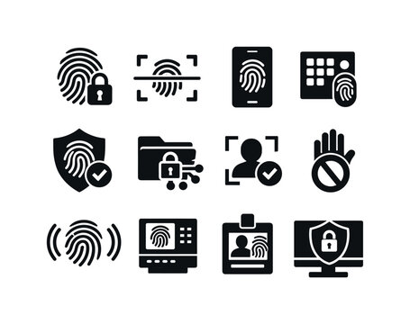 Fingerprint Security Icons. Fingerprint security system. Solid icon set of Fingerprint security system: fingerprint lock, biometric scanner, secure device,