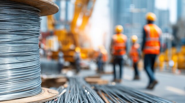 Metal wire cable spool on a construction site with blurred workers in safety vests