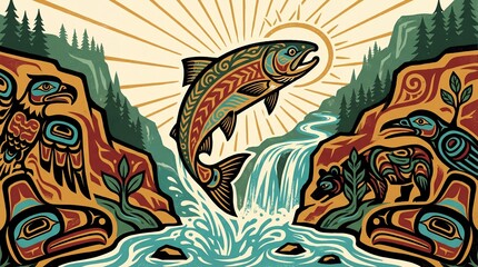 Fototapeta premium pacific northwest native american art style illustration of salmon leaping waterfall. totem eagles on cliffs. nature and wildlife concept. banner, website header.