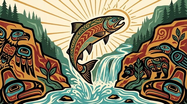 pacific northwest native american art style illustration of salmon leaping waterfall. totem eagles on cliffs. nature and wildlife concept. banner, website header.