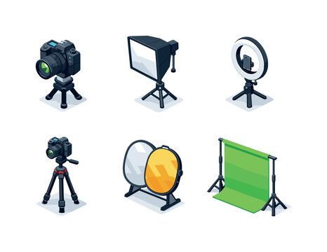 Photo Studio Icons. Photo studio. Isometric flat vector icons set of photo studio: studio camera, softbox light, ring light, tripod with camera, reflector