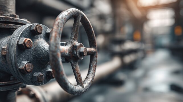 Industrial valve on metal pipe in old factory for water oil or gas flow control system