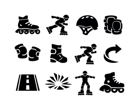 Inline Skating Icons. Inline Skating. Solid icon set of Inline Skating: inline skates, athlete figure, protective helmet, knee protection, elbow protection,