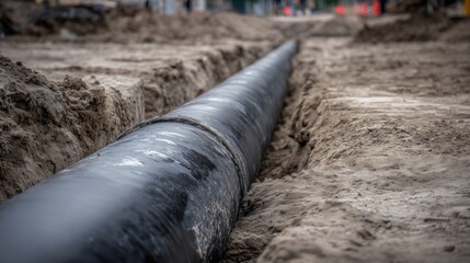 Long black industrial pipeline laying in an excavated dirt trench at a construction site